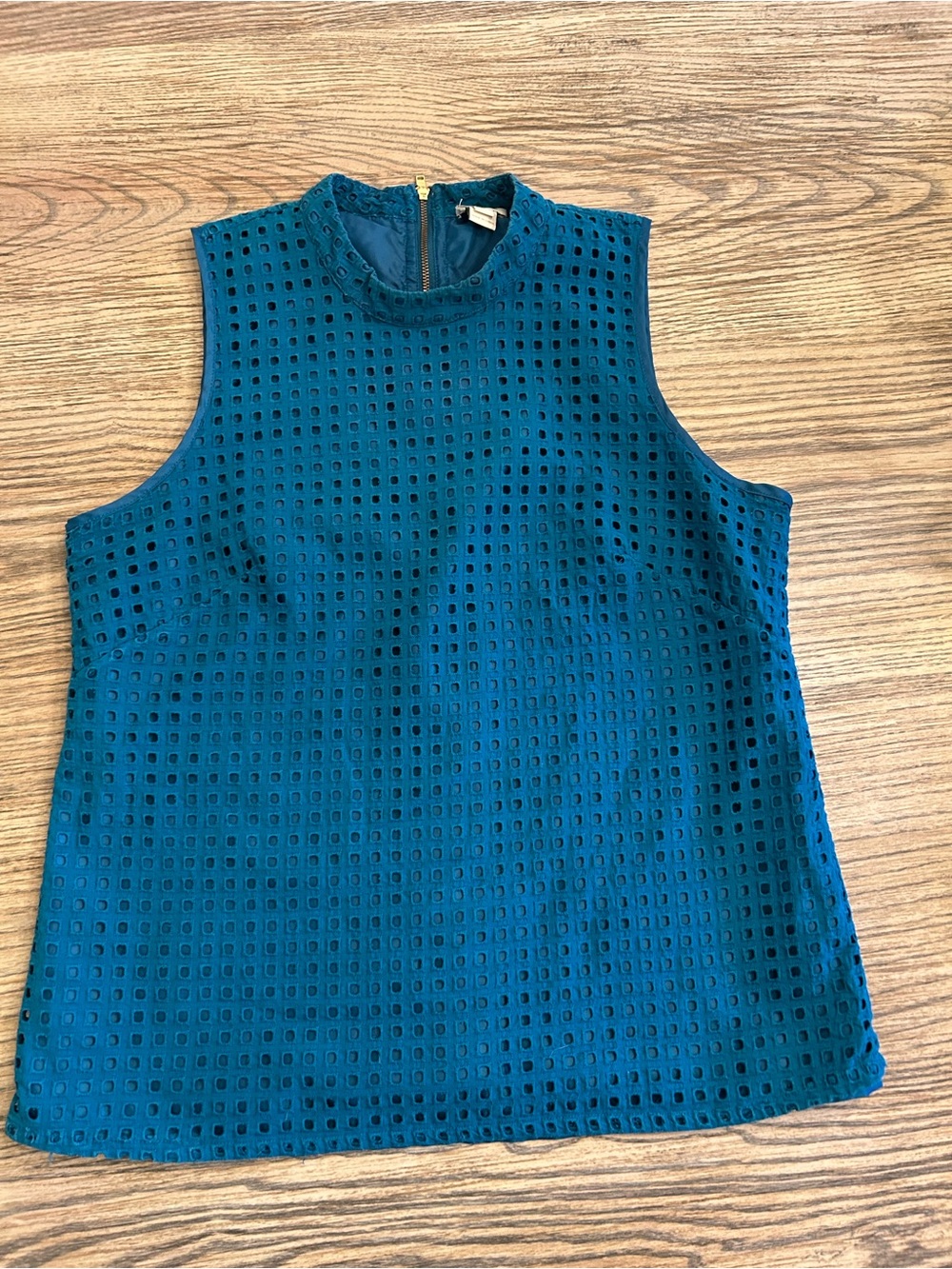 J. Crew Teal Sleeveless Eyelet Mock Neck Top